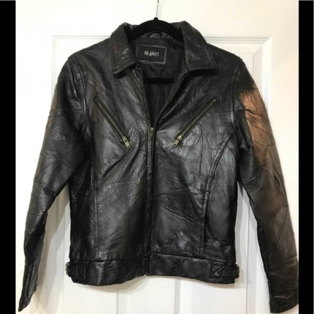 Vintage PB Basics Patchwork Leather Motorcycle Jacket Black Y2K